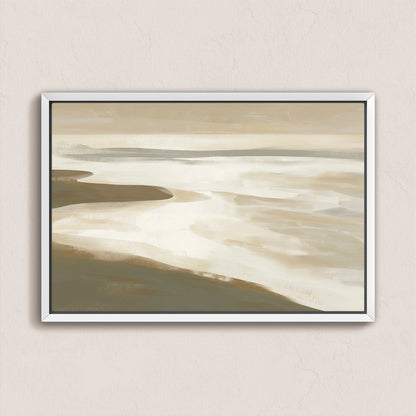 Emie canvas print of tranquil beige and olive coastal shoreline in a white frame