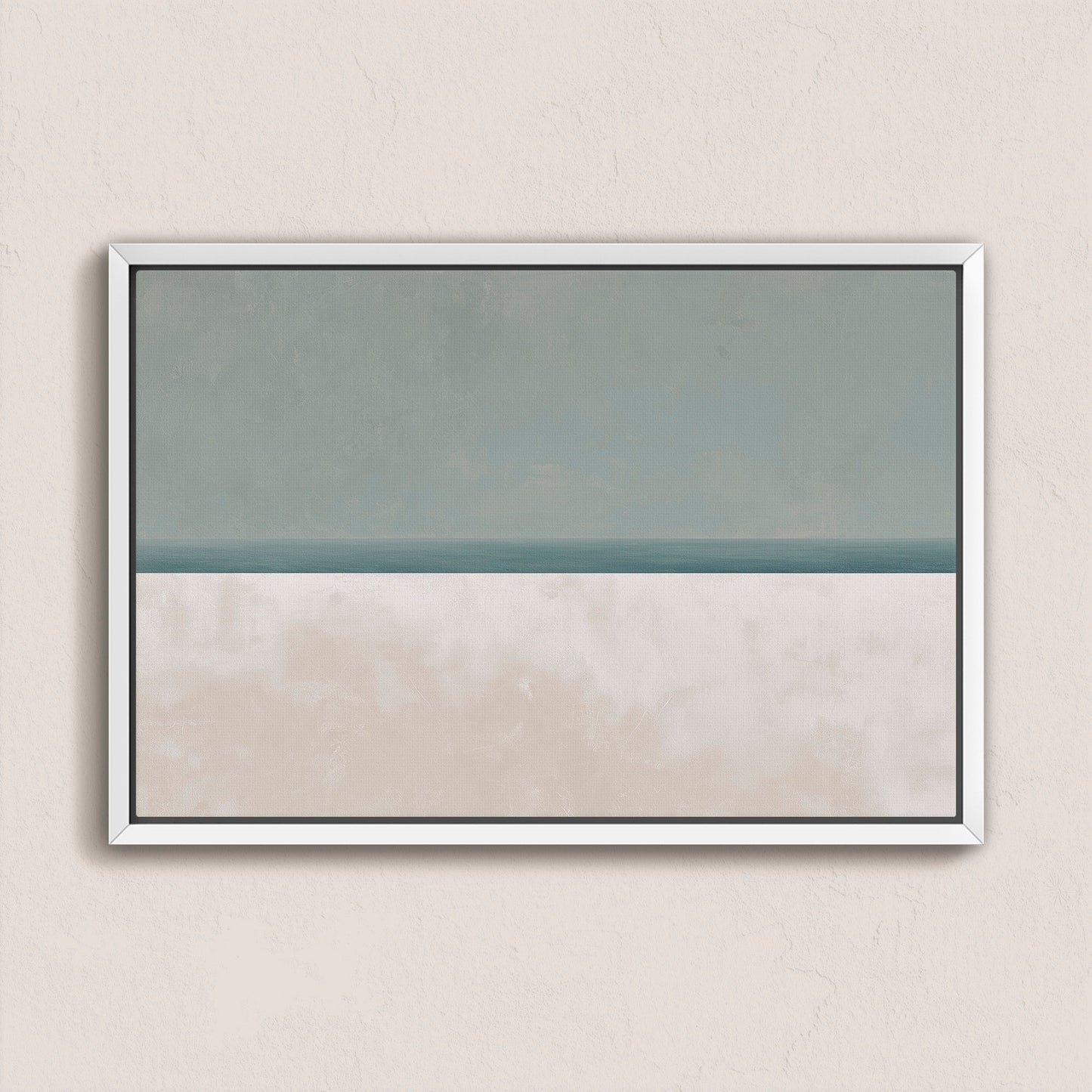 Azure Canvas Print minimalist seascape in muted sage and sand hues with silver frame on wall