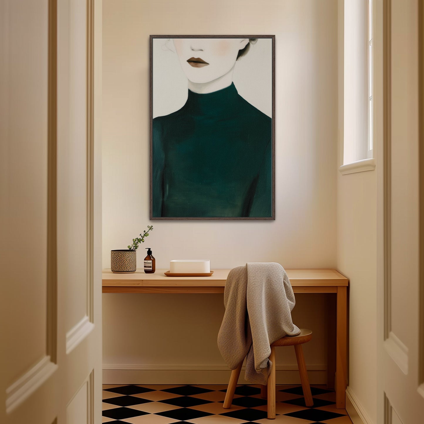 Poise Canvas Print featuring faceless figure in emerald dress, elegant and minimalist wall art in cozy room setting
