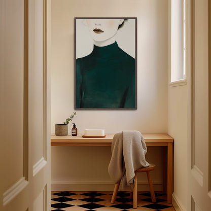 Poise Canvas Print featuring faceless figure in emerald dress, elegant and minimalist wall art in cozy room setting