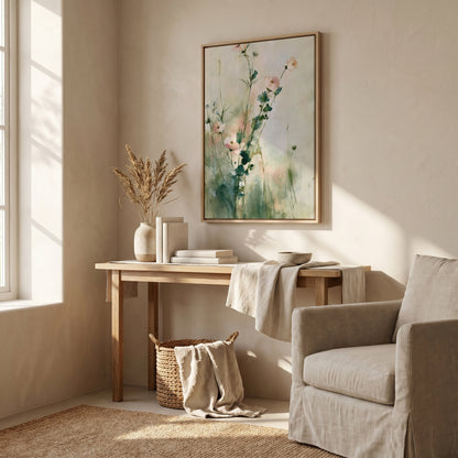 a serene and cozy living room with a wooden table, a comfortable armchair, and a framed painting of flowers hanging on the wall. The room is bathed in soft light, creating a warm and inviting atmosphere.