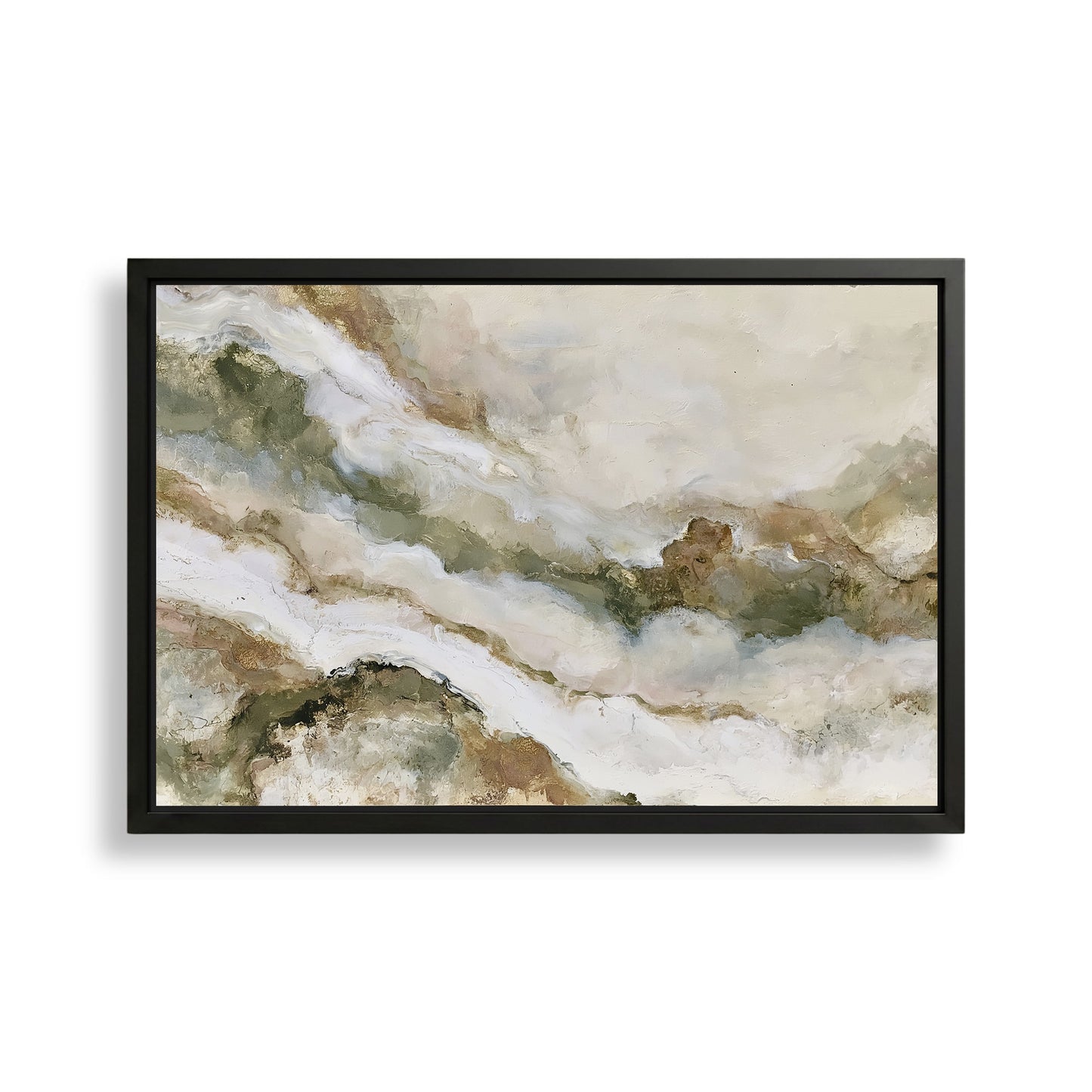 The image is a framed abstract painting with a landscape-like background featuring various shades of green, brown, and beige.