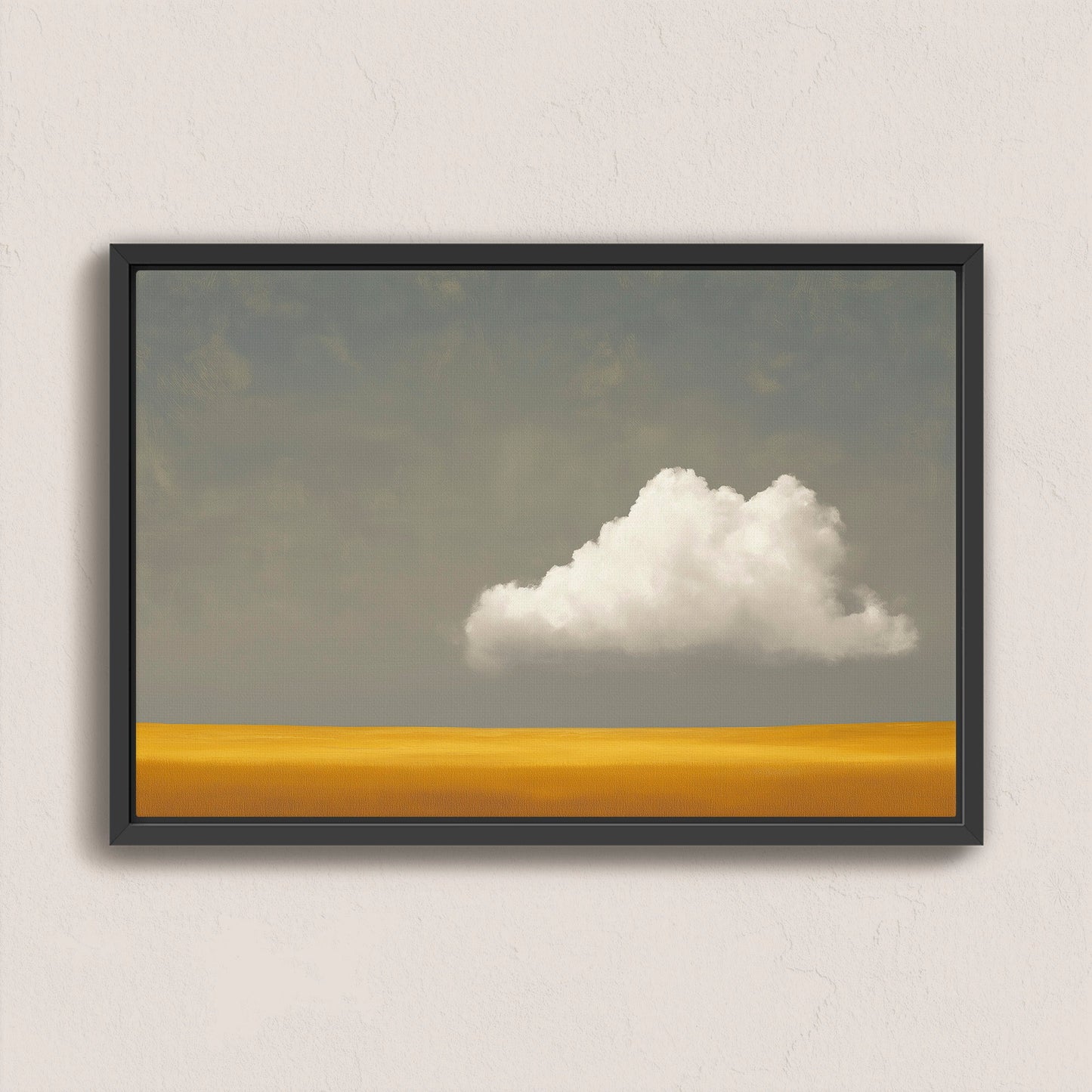 Mellow Canvas Print with single white cloud over golden plain in black frame, minimalist wall art