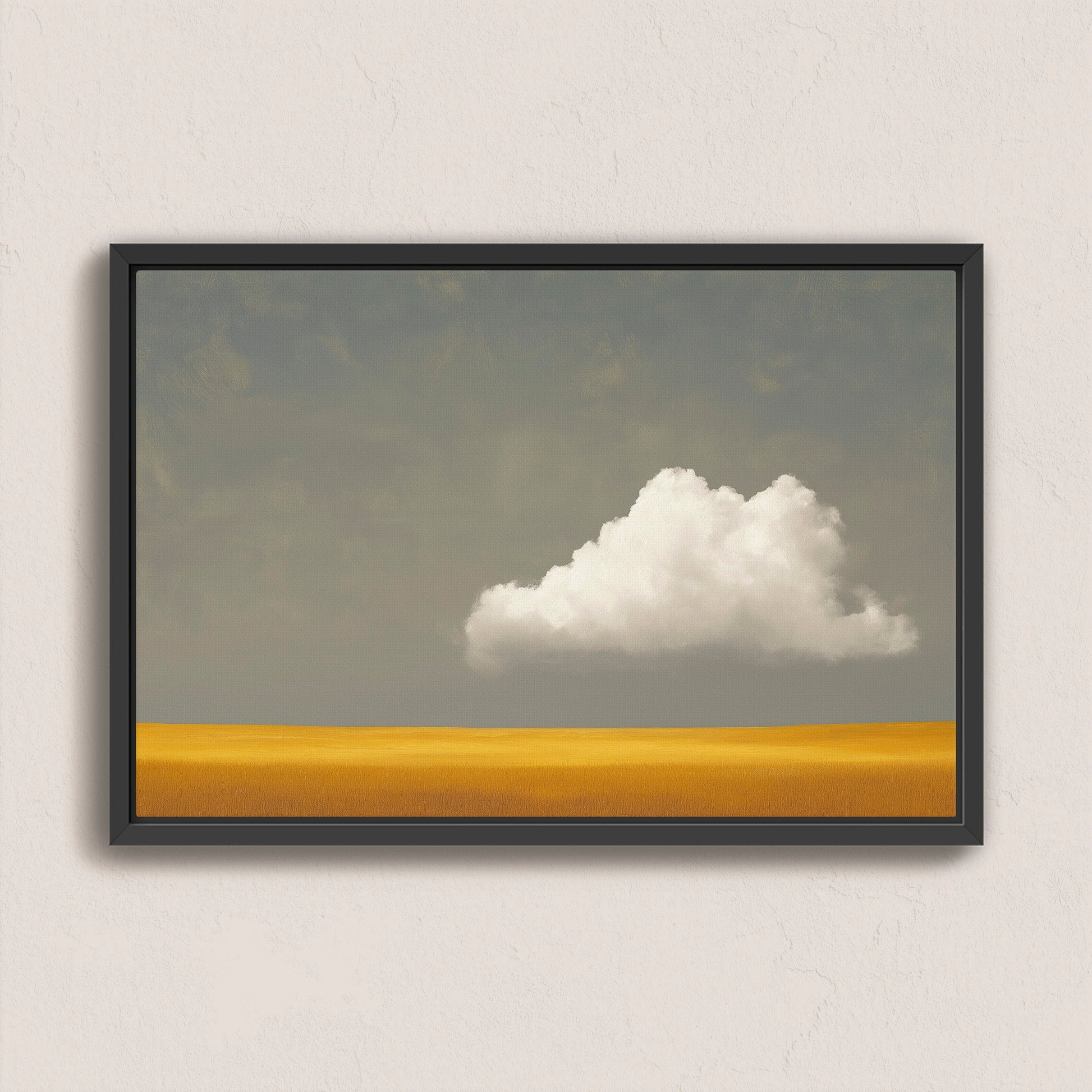 Mellow Canvas Print with single white cloud over golden plain in black frame, minimalist wall art