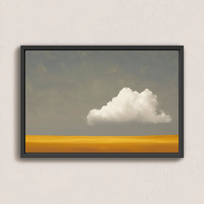 Mellow Canvas Print with single white cloud over golden plain in black frame, minimalist wall art