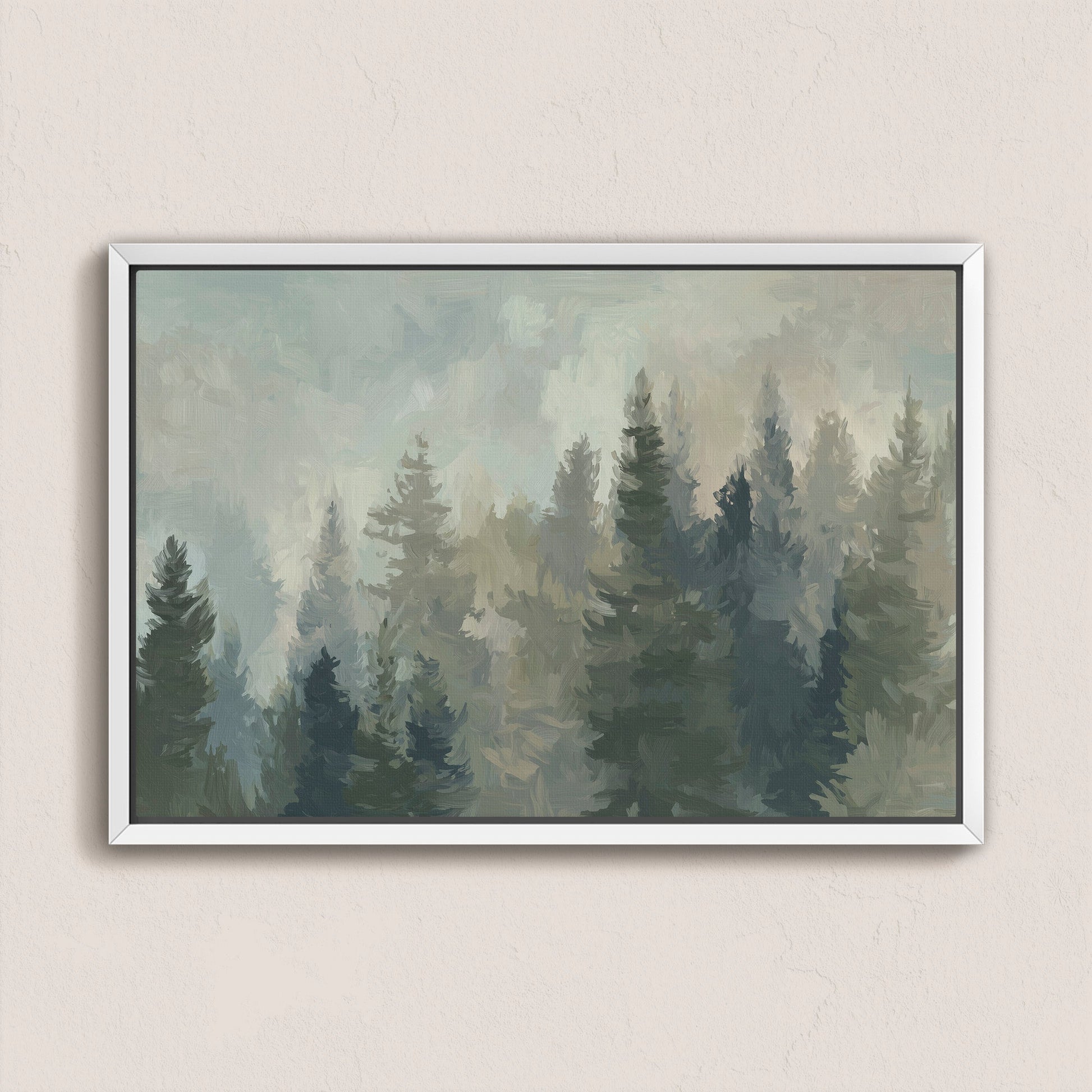 Ever Canvas Wall Art framed painting of misty forest with pine and sage tones for modern decor