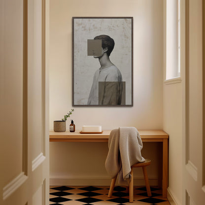 Masked Canvas Print featuring abstract portrait with geometric shapes in muted tones, framed and hung in modern minimalist room