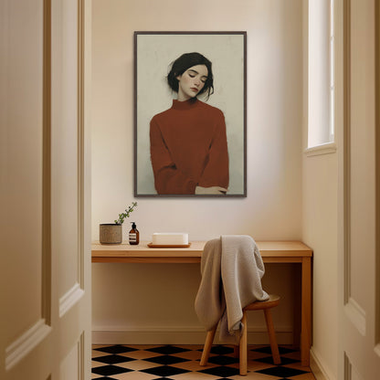 Madi canvas wall art portrait of woman in red sweater with muted tones in minimalist room