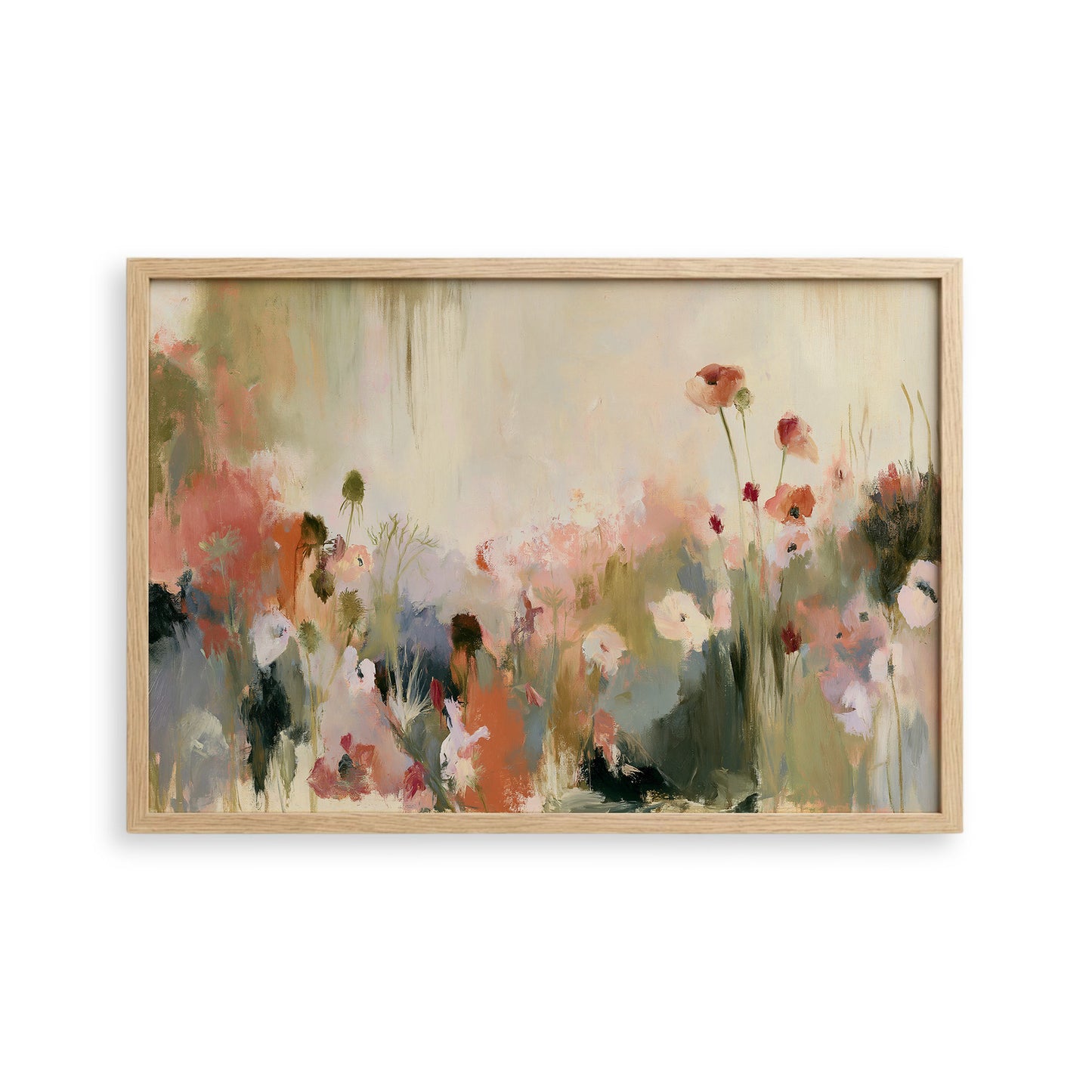 The image is a framed painting depicting a vibrant and colorful floral scene with various types of flowers and foliage.