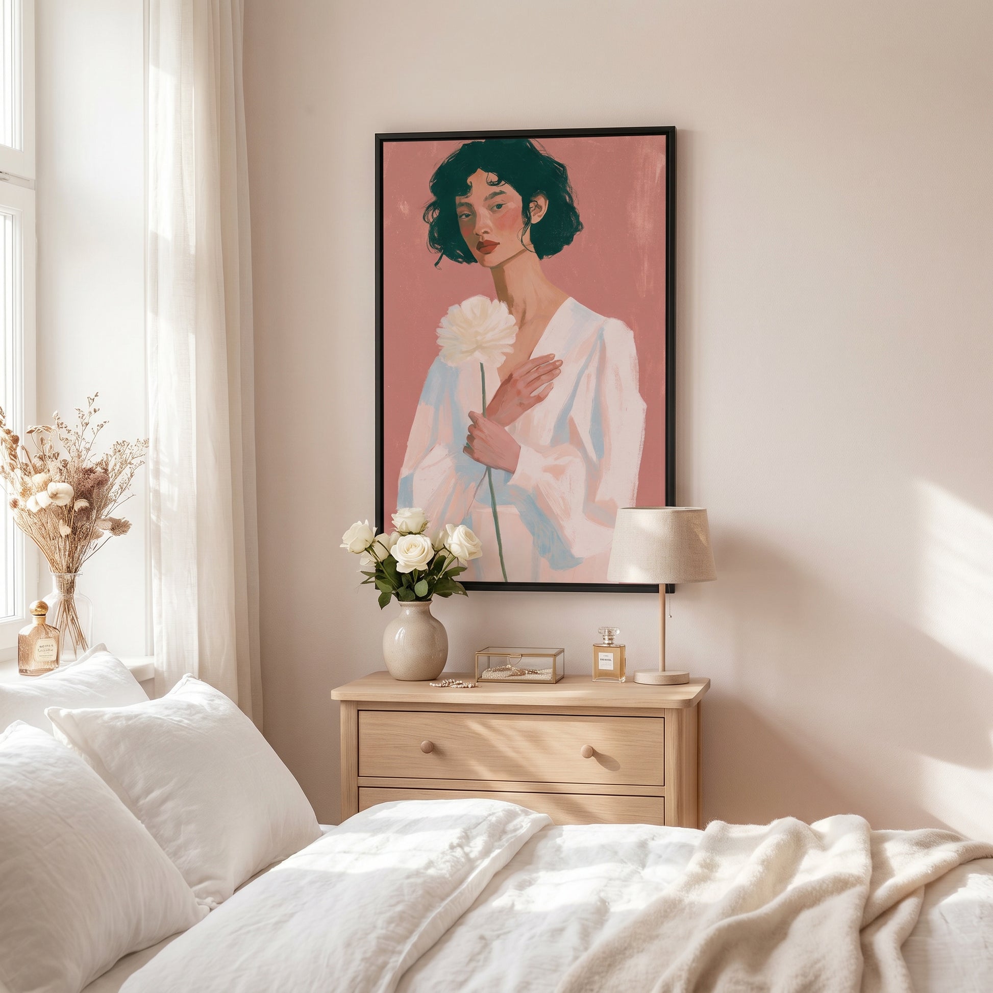 a bedroom with a large framed painting of a woman holding a flower, a wooden nightstand with a vase of flowers, and a white bed with a blanket.