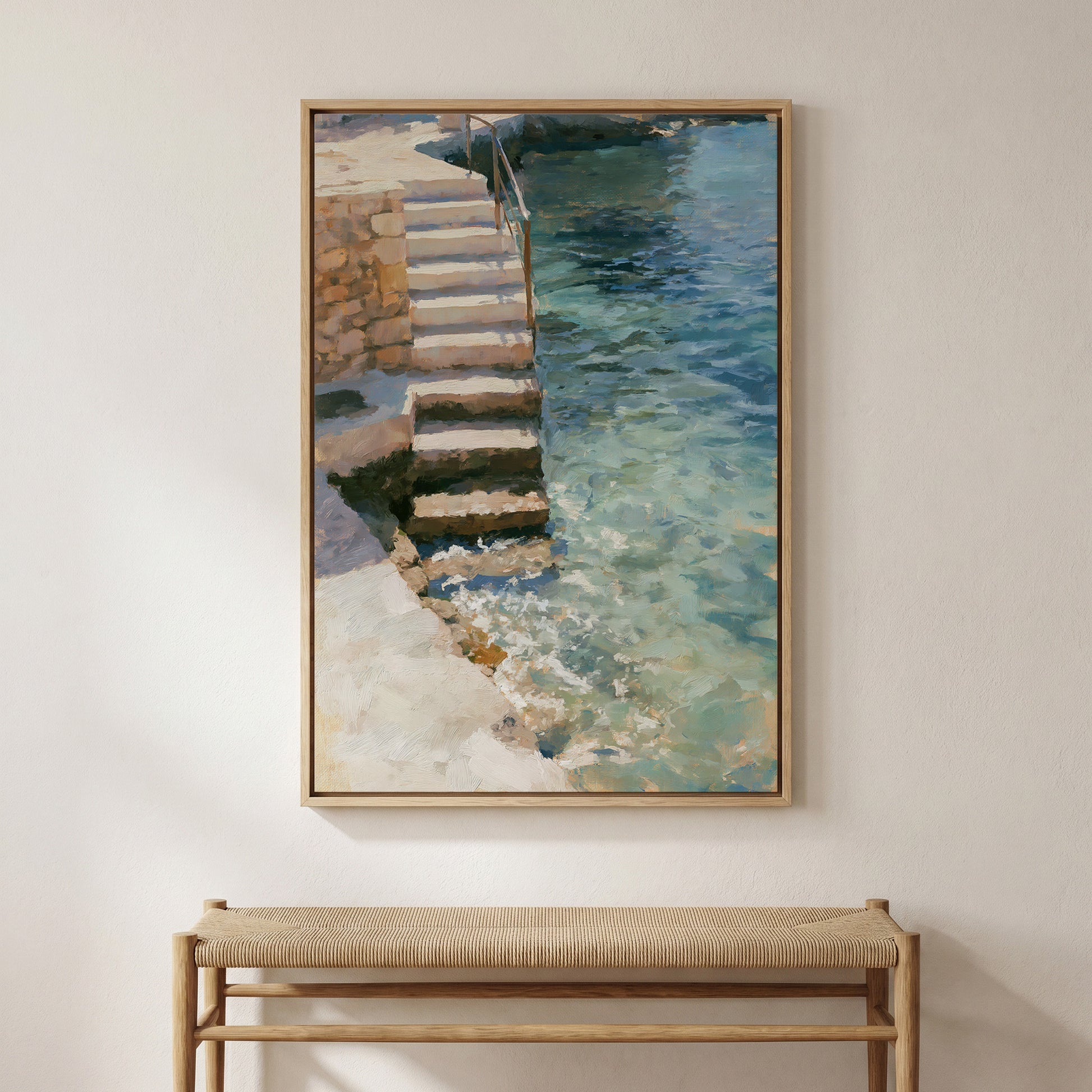 a painting of a staircase leading down to a body of water, with a wooden bench below it.