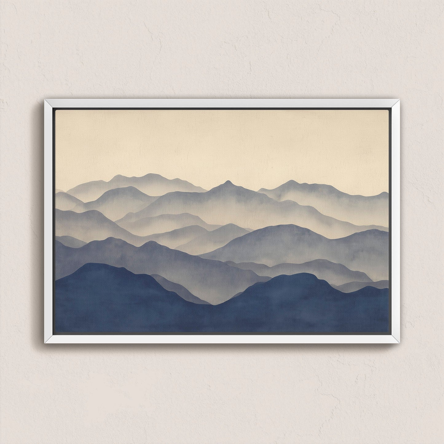 Veil canvas print of layered mountain silhouettes at dawn with indigo and beige tones in a white frame