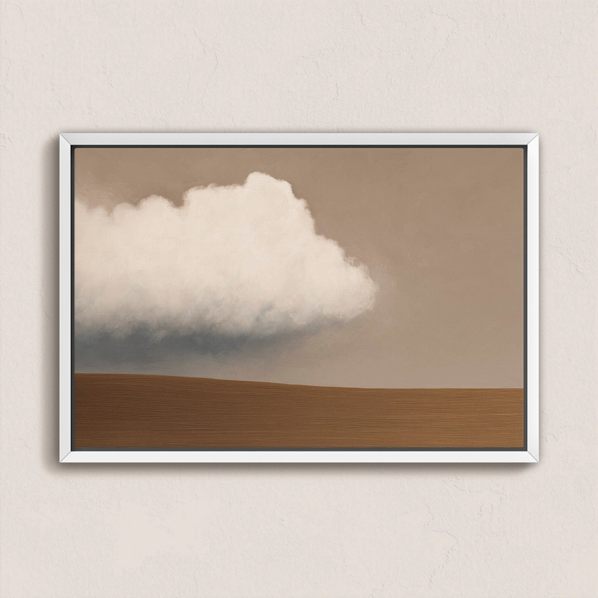 Aerie Canvas Print featuring minimalist cloud over muted earth horizon in warm taupe and ivory tones, framed in sleek white frame
