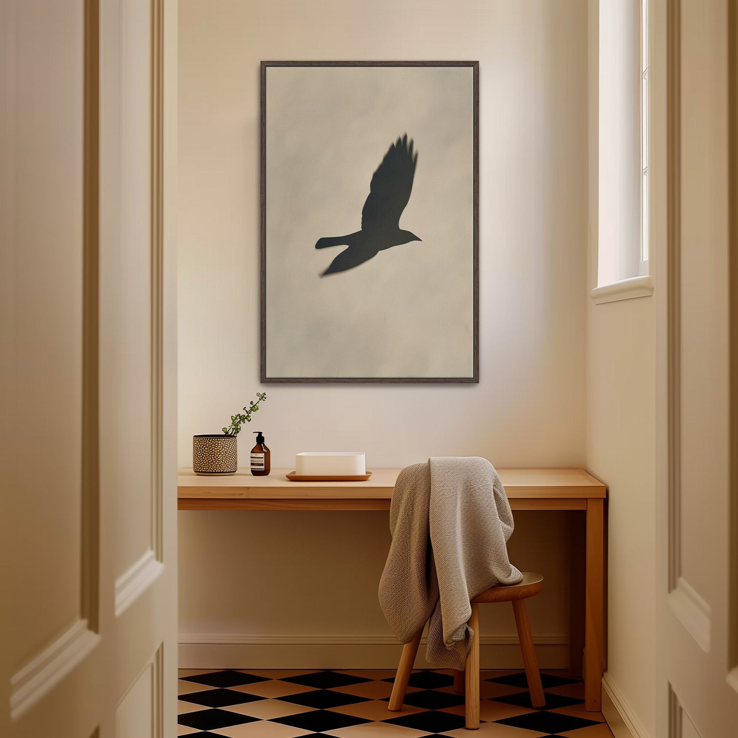 Soar canvas print featuring a minimalist bird silhouette in neutral tones, displayed in a modern interior setting.