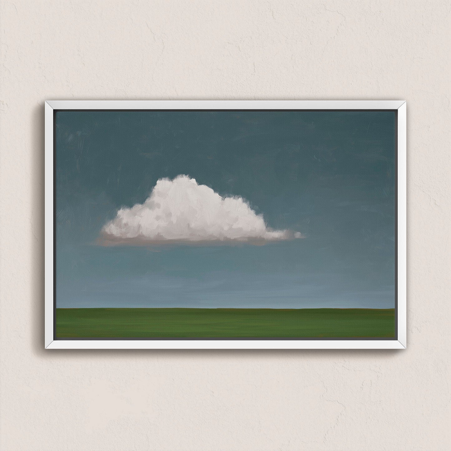 Eave Canvas Print featuring a single white cloud above a green horizon with a muted, minimalist color palette in a white frame