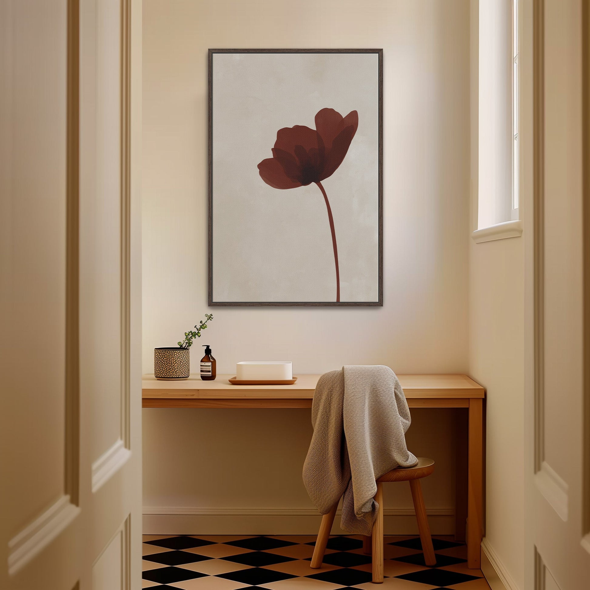 Minimalist Stem Canvas Print with burgundy flower on warm neutral background in modern room setting