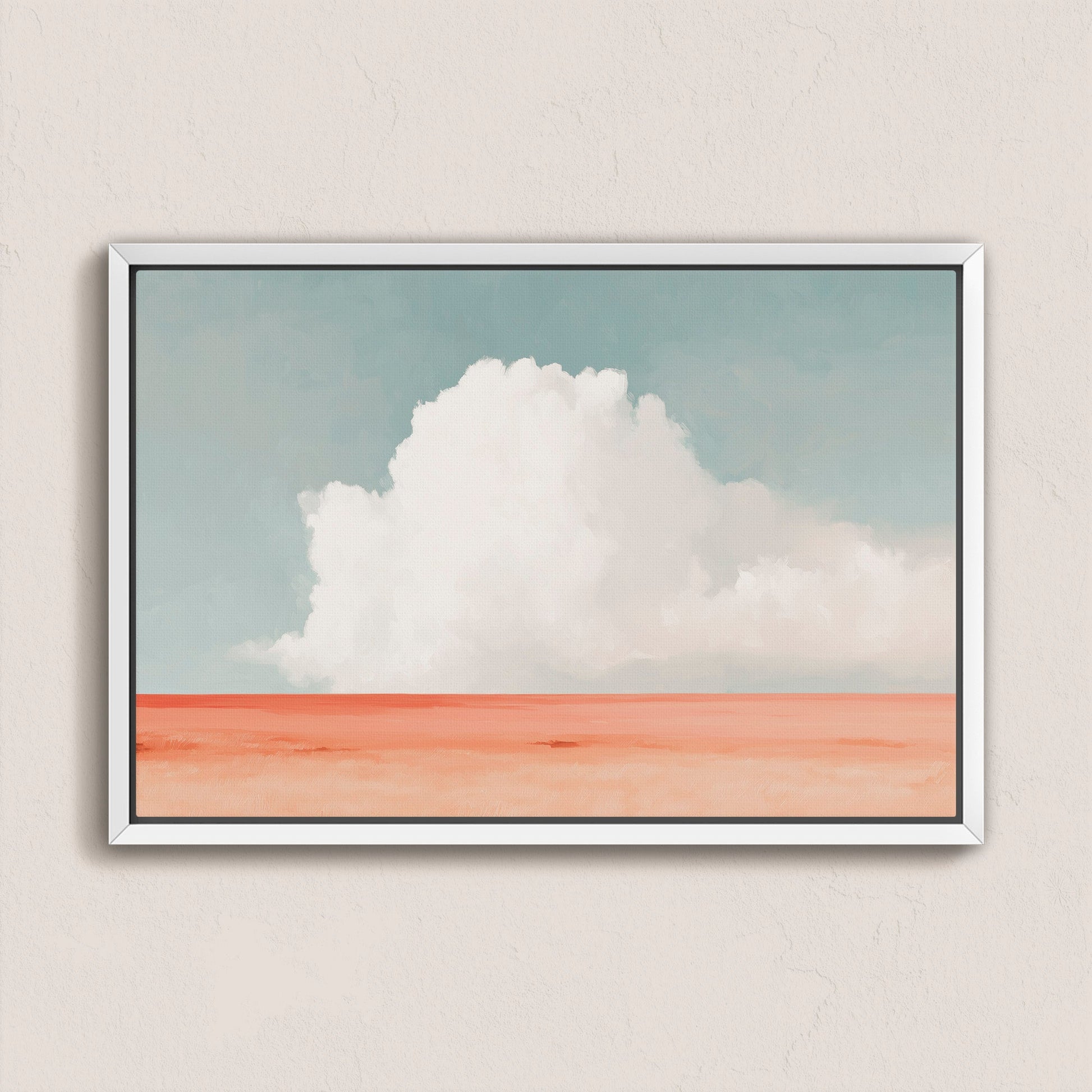 Aurea Canvas Wall Art with white cloud over coral desert and soft blue sky in minimalist frame