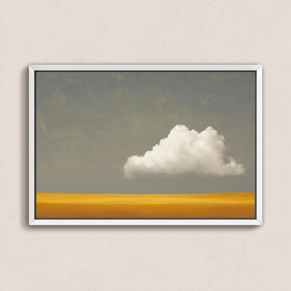 Mellow Canvas Print of single white cloud over golden plain with muted gray sky in sleek white frame