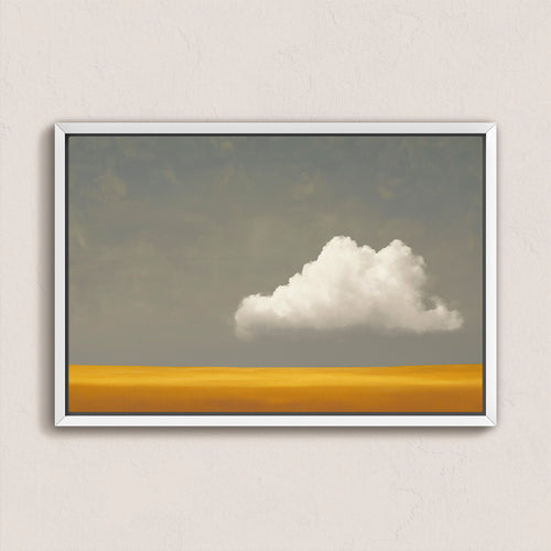 Mellow Canvas Print of single white cloud over golden plain with muted gray sky in sleek white frame