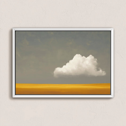 Mellow Canvas Print of single white cloud over golden plain with muted gray sky in sleek white frame