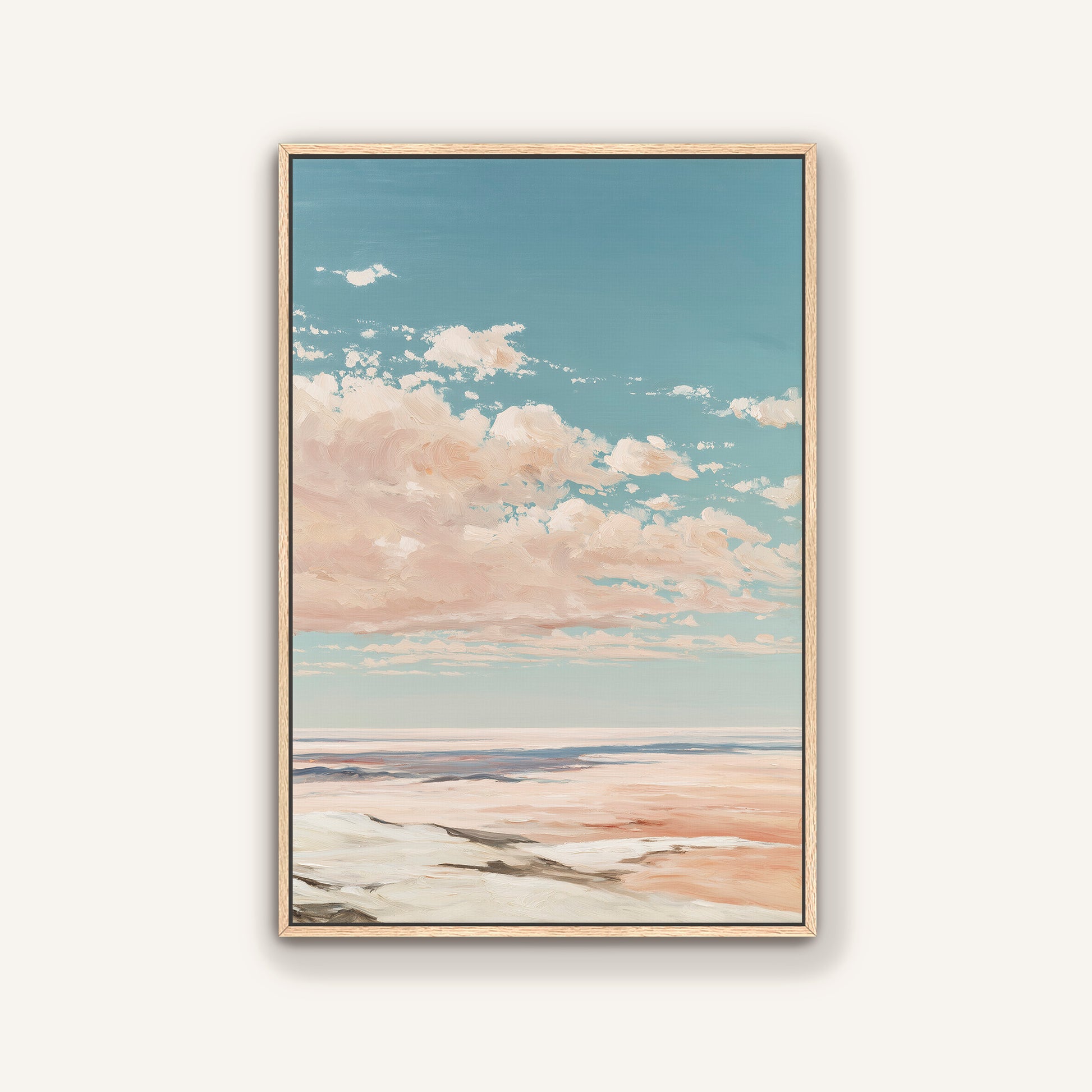 The image is a framed painting depicting a serene landscape with a blue sky, fluffy white clouds, and a sandy beach in the foreground.