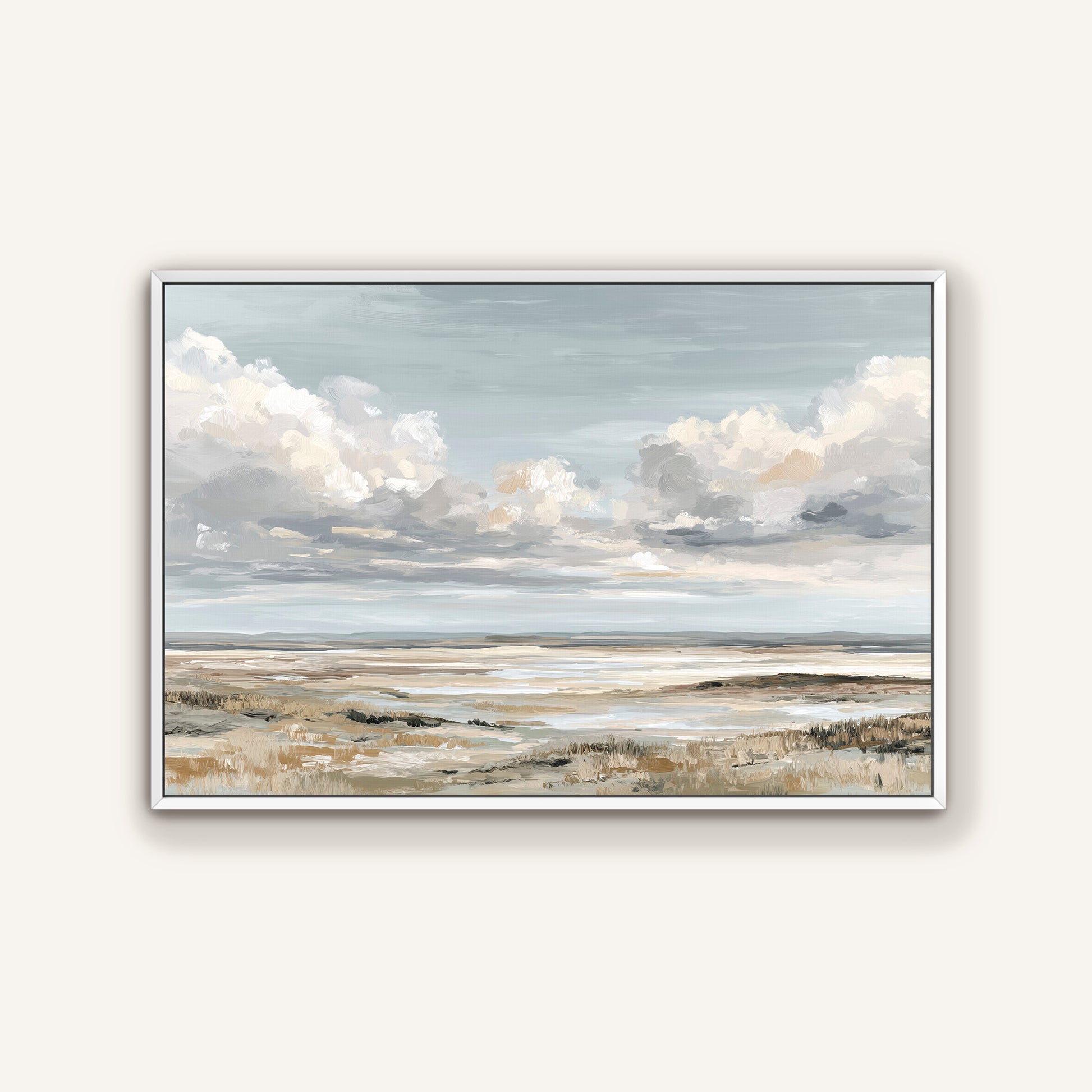 The image is a painting depicting a serene landscape with a vast sky filled with fluffy white clouds and a calm body of water in the distance.