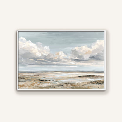 The image is a painting depicting a serene landscape with a vast sky filled with fluffy white clouds and a calm body of water in the distance.