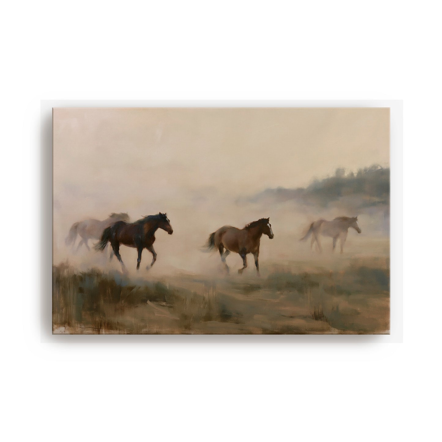 a group of horses running across a field, with a hazy, atmospheric background.