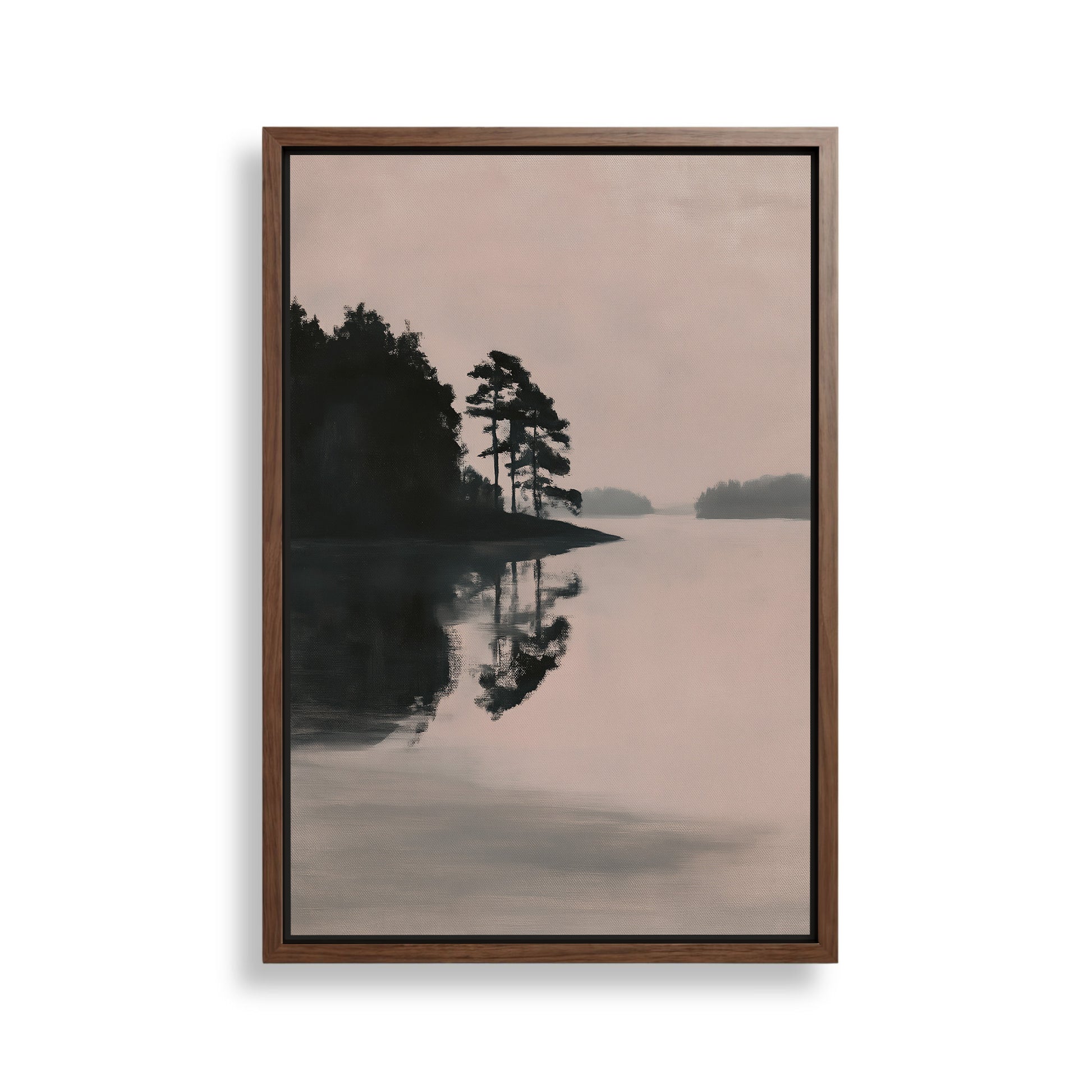 A serene landscape featuring a calm lake surrounded by trees, with the reflection of the trees on the water's surface.