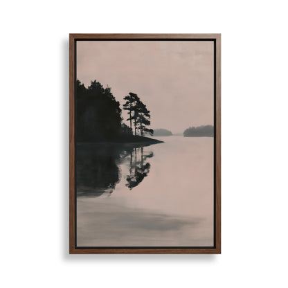 A serene landscape featuring a calm lake surrounded by trees, with the reflection of the trees on the water's surface.