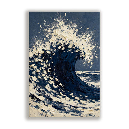 a large, powerful wave crashing against the shore, with the water appearing dark blue and the sky above a lighter shade of blue.