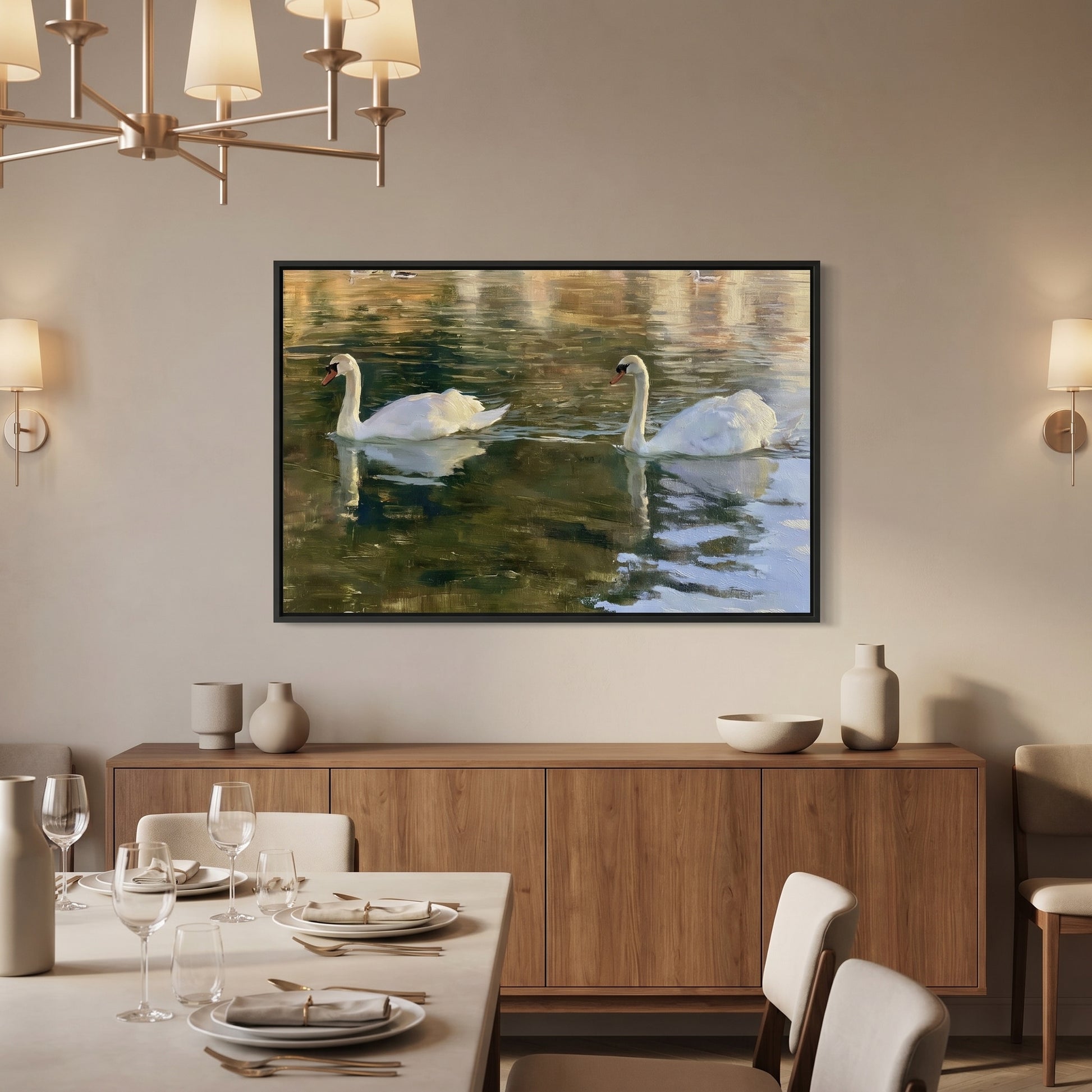 a large painting of two swans swimming in a body of water, hanging on a wall above a wooden cabinet.