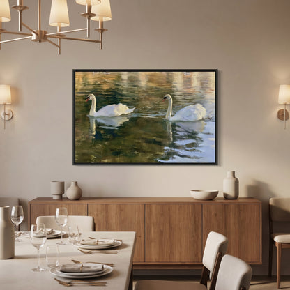 a large painting of two swans swimming in a body of water, hanging on a wall above a wooden cabinet.