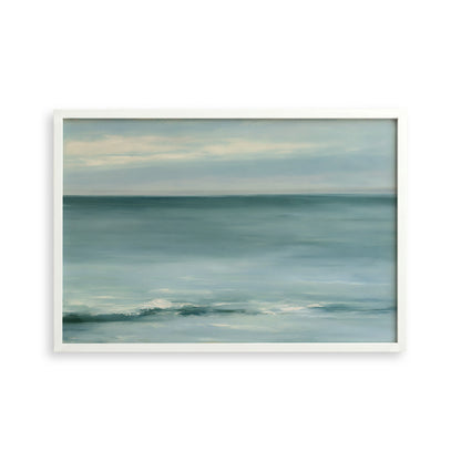 The image is a painting of a serene ocean scene with a cloudy sky above.