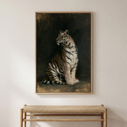 a large painting of a tiger sitting on a dark background, hanging on a wall above a wooden bench.