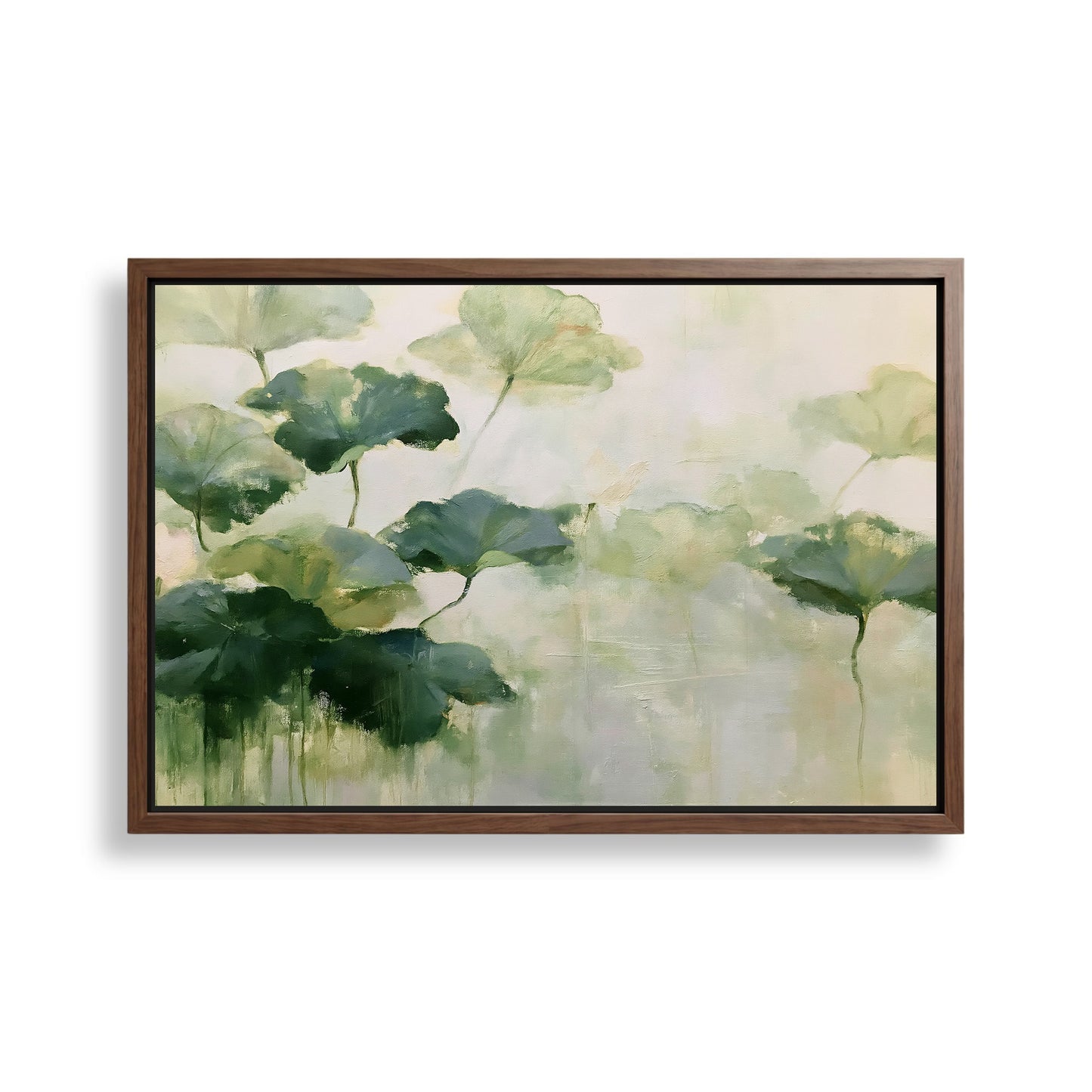 The image is a framed painting depicting a lush, green landscape with a variety of leaves and foliage.
