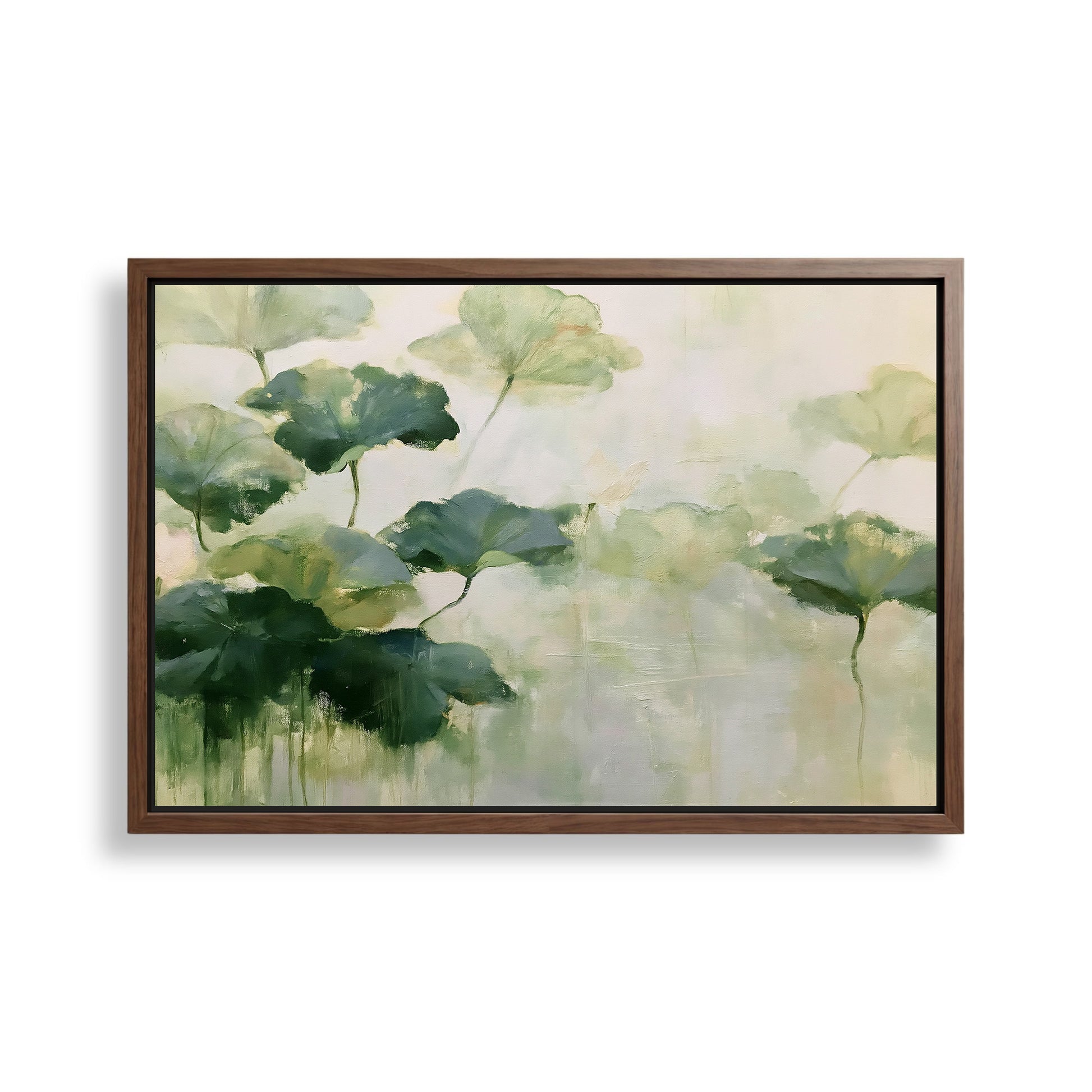 The image is a framed painting depicting a lush, green landscape with a variety of leaves and foliage.