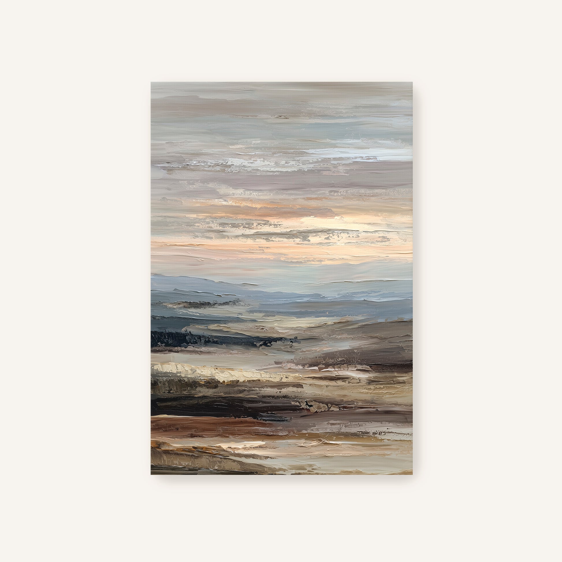 The image is an abstract landscape painting depicting a serene and expansive natural scene with a blend of earthy tones and soft, muted colors.