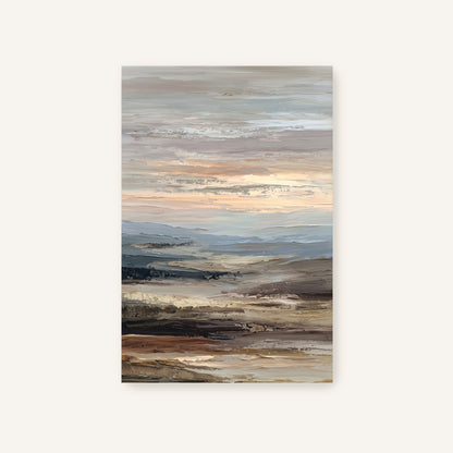 The image is an abstract landscape painting depicting a serene and expansive natural scene with a blend of earthy tones and soft, muted colors.