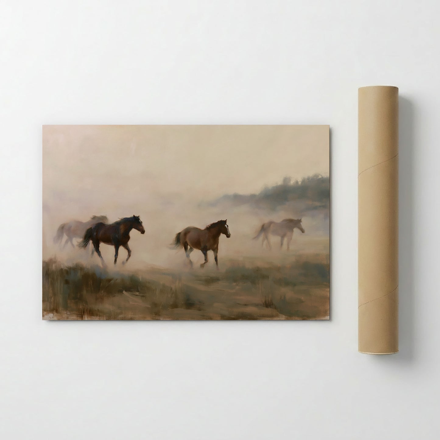 three horses running across a field, with a hazy background.