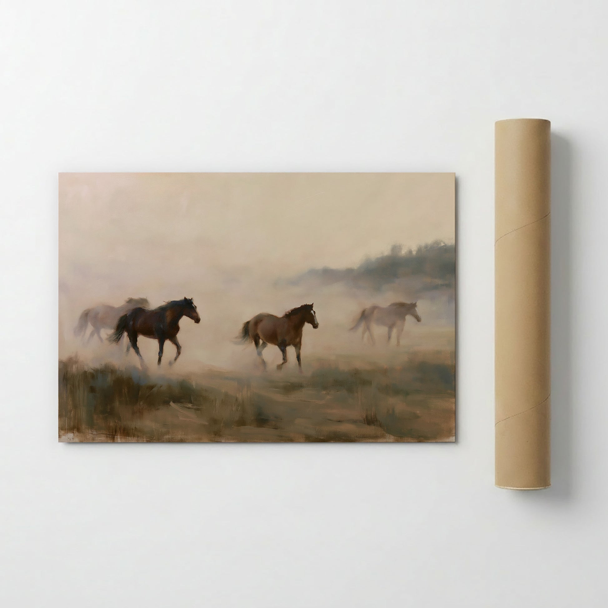 three horses running across a field, with a hazy background.