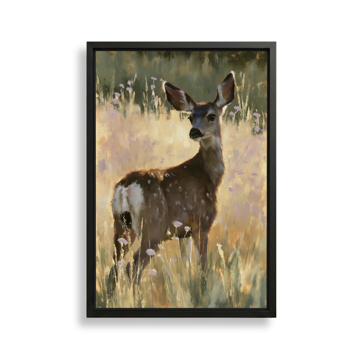A deer standing in a field of tall grass and wildflowers.