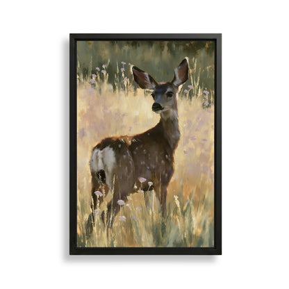 A deer standing in a field of tall grass and wildflowers.