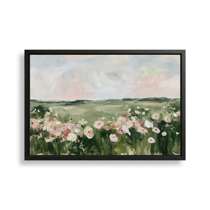 The image is a framed painting depicting a field of flowers with pink and white blooms.