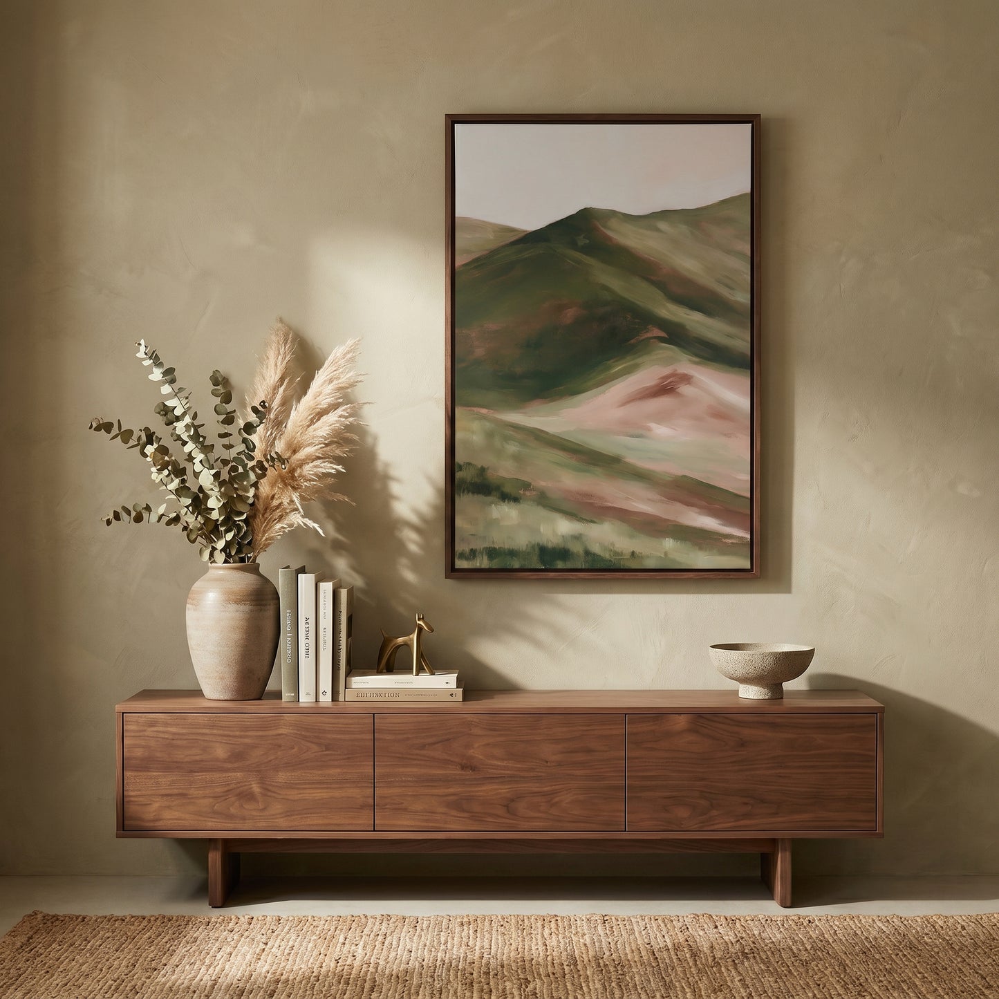 a wooden entertainment center with a framed landscape painting hanging above it, along with a vase of greenery and a bowl on the shelf below the painting.