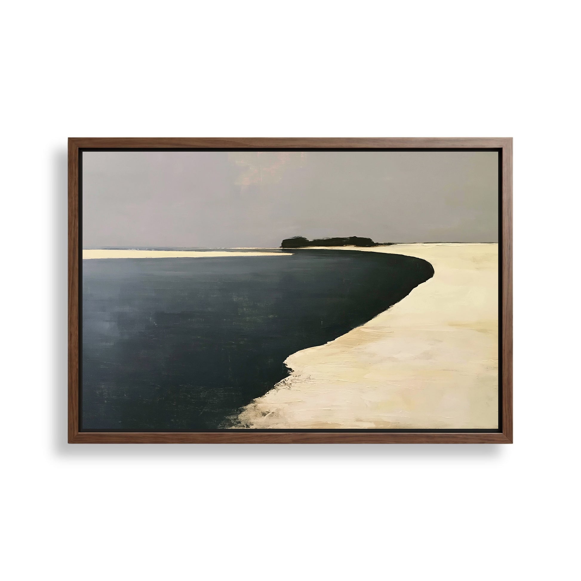 The image is a framed painting depicting a serene landscape with a body of water and a sandy beach.