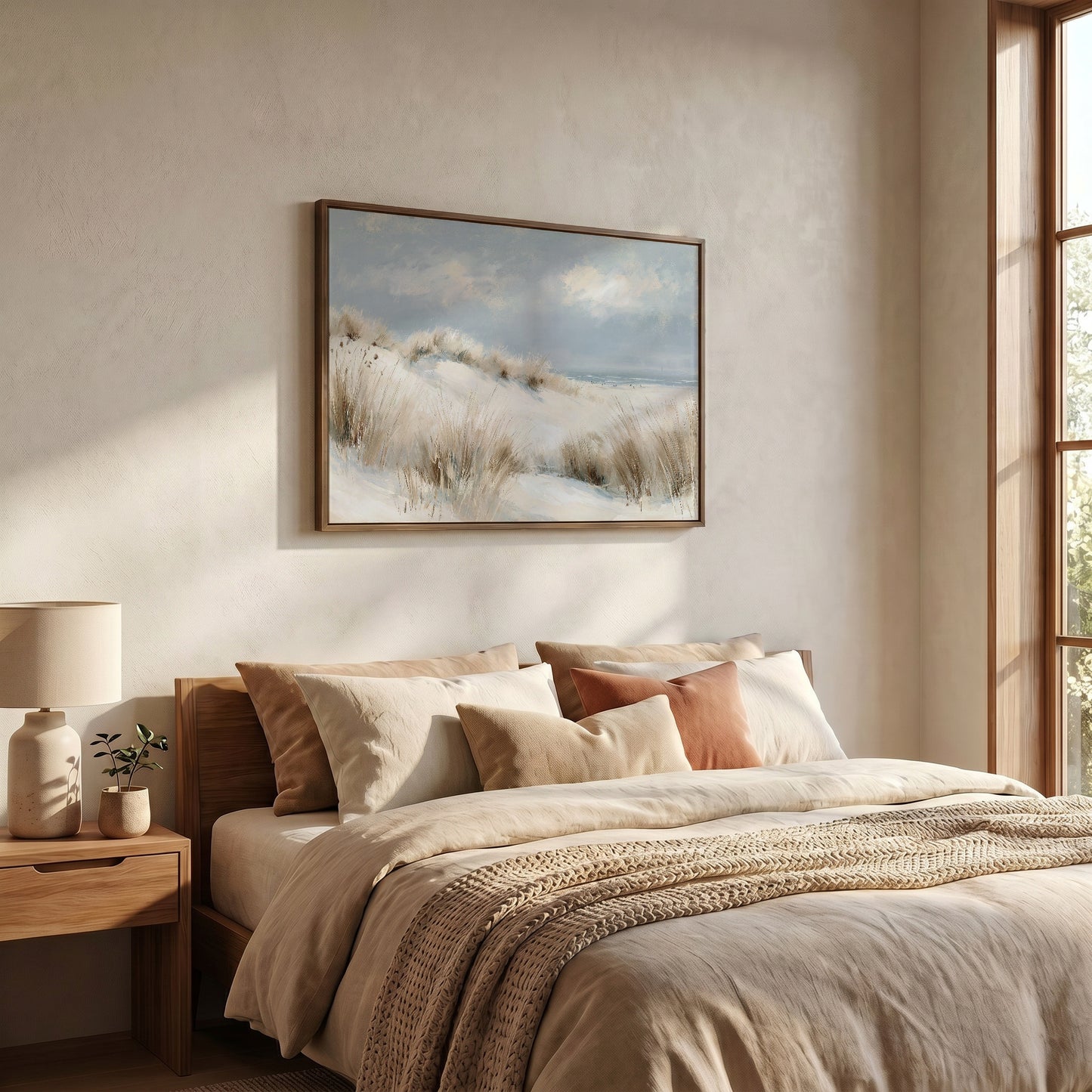 a serene bedroom scene with a large bed adorned with beige bedding and a framed landscape painting hanging above it. The painting features a snowy beach landscape with tall grasses and a calm body of water. The room has a warm and inviting atmosphere, with natural light streaming in from a window on the right side.
