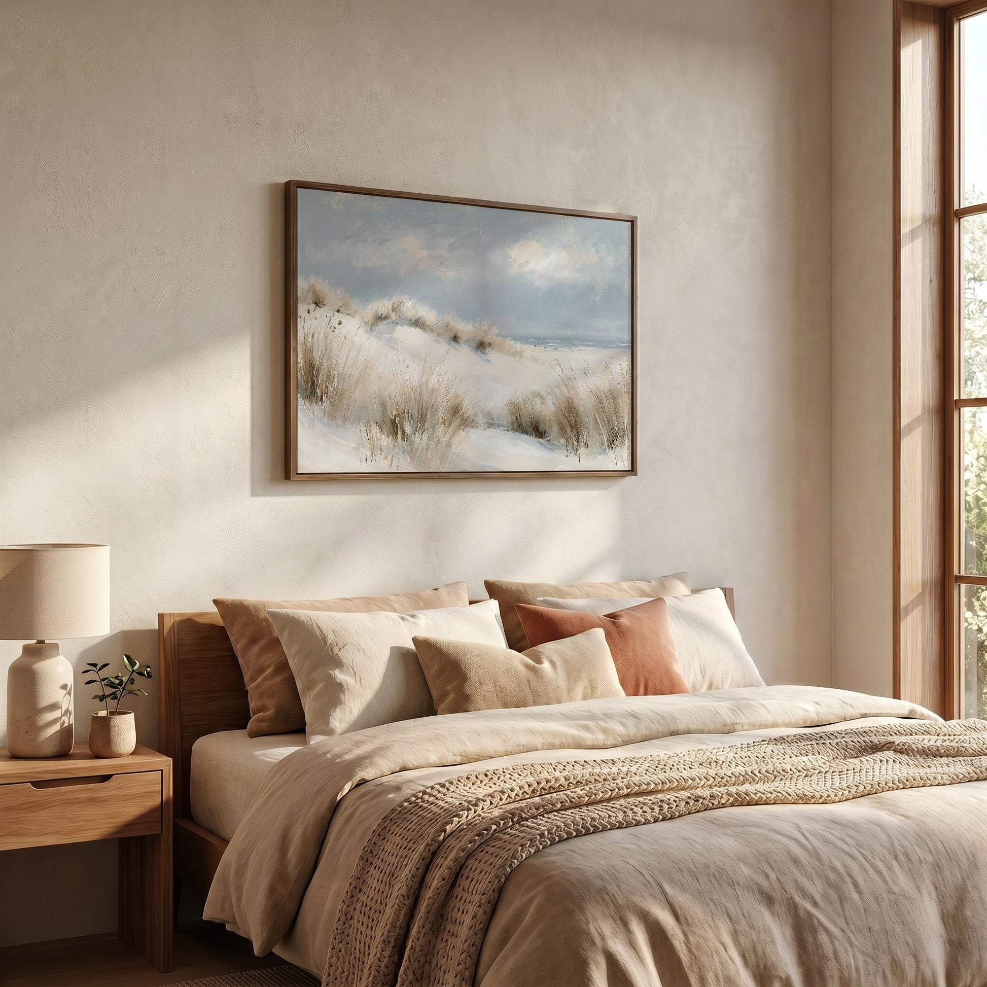 a serene bedroom scene with a large bed adorned with beige bedding and a framed landscape painting hanging above it. The painting features a snowy beach landscape with tall grasses and a calm body of water. The room has a warm and inviting atmosphere, with natural light streaming in from a window on the right side.