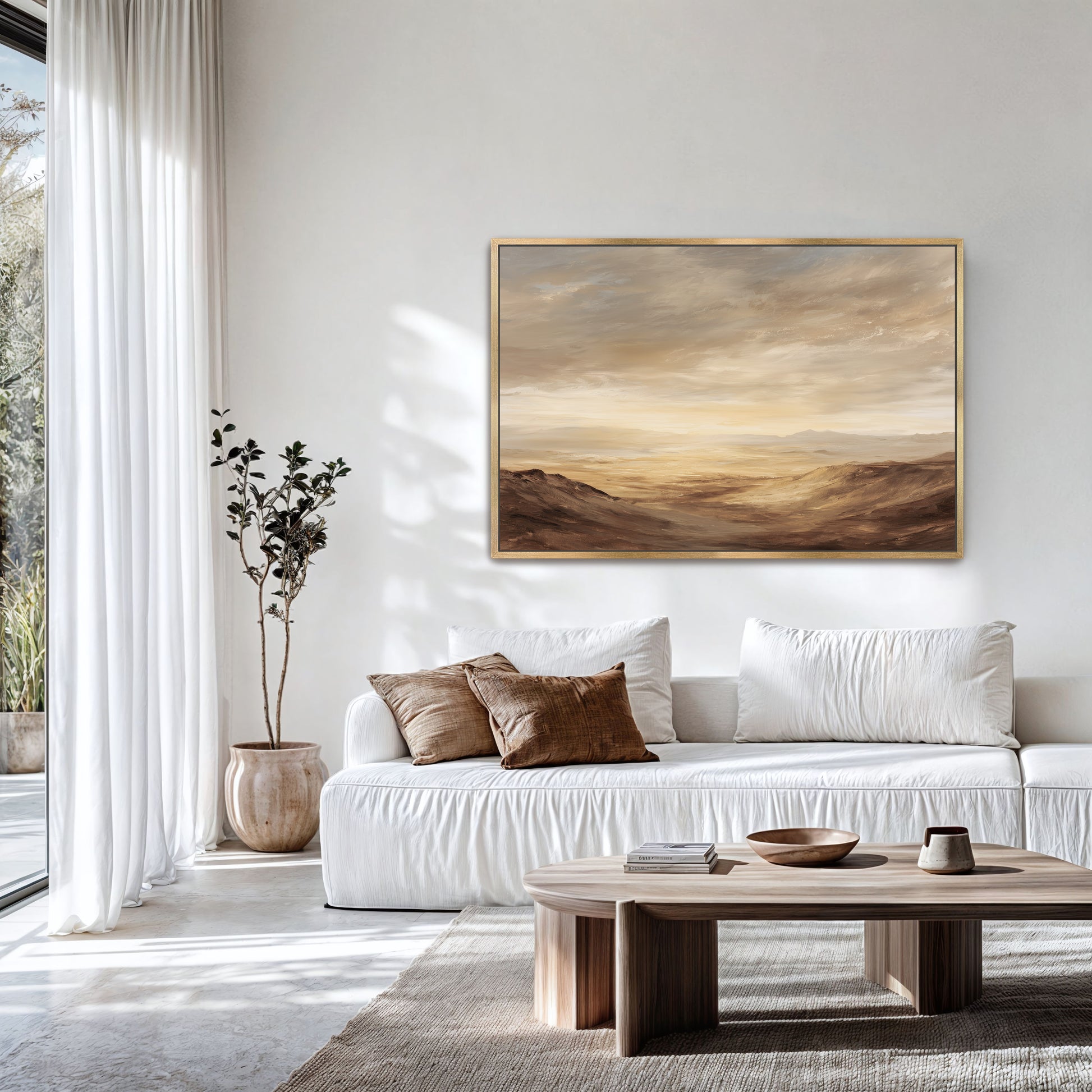 a modern living room with a large window, a white sofa, a wooden coffee table, and a framed landscape painting on the wall.