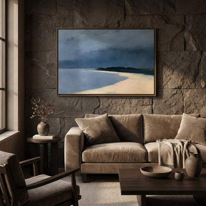 a cozy living room with a large painting of a beach scene hanging on the stone wall above a beige sofa. The room is furnished with a wooden coffee table, a side table, and a chair. The overall atmosphere of the room is warm and inviting, with the painting adding a touch of nature and serenity to the space.